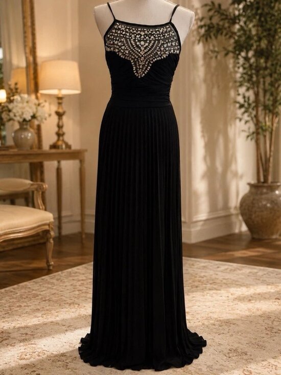 B. Darlin Dresses & Skirts - B. Darlin Black Chiffon Beaded Pleated Long Gown Scoop Neck Juniors 3/4